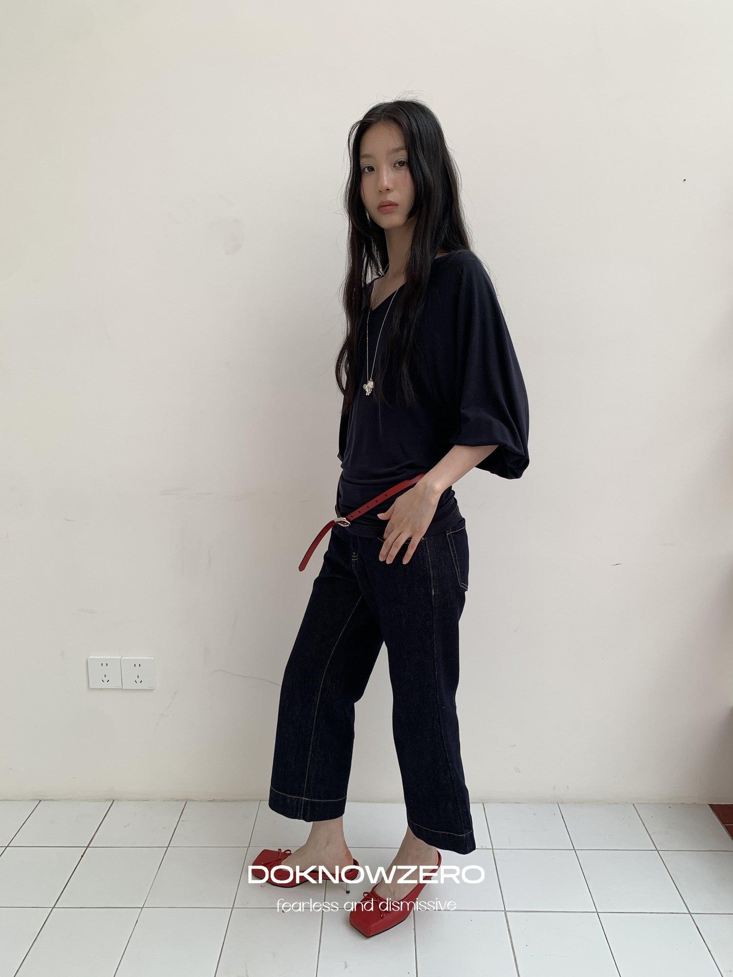 DKZ OFFICIAL Dark Blue Raw Denim Cropped Retro Women&