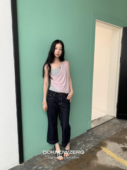 DKZ OFFICIAL Dark Blue Raw Denim Cropped Retro Women&