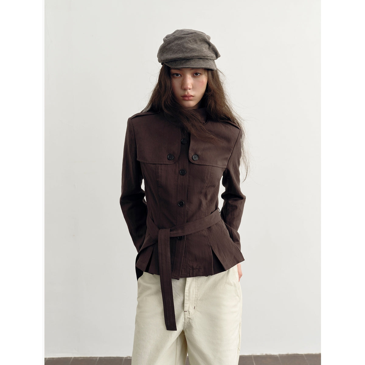 DKZ_OFFICIAL_Dark_Brown_Stand_Collar_Cropped_Waist_Cinched_Women&
