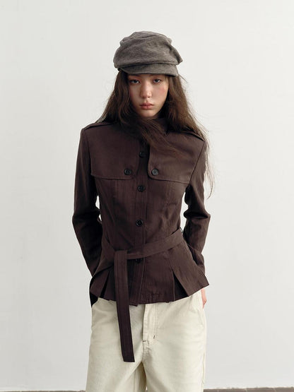 DKZ OFFICIAL Dark Brown Stand Collar Cropped Waist Cinched Women&
