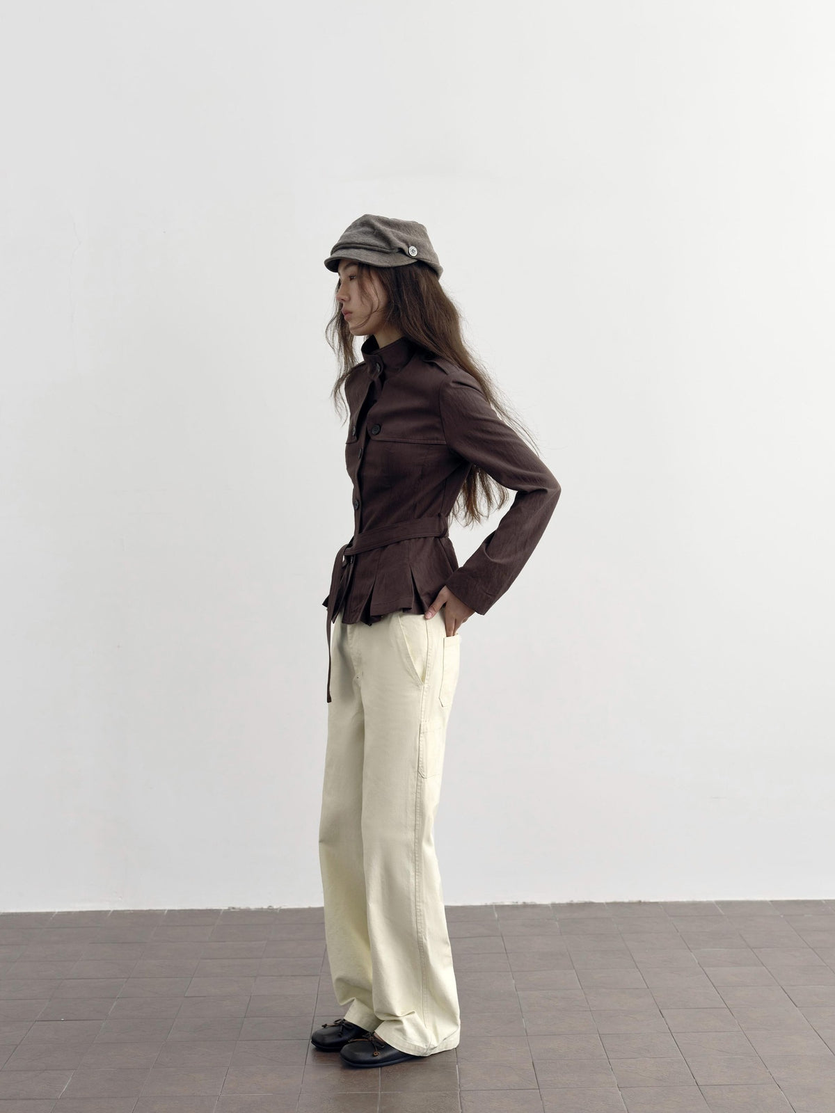 DKZ OFFICIAL Dark Brown Stand Collar Cropped Waist Cinched Women&