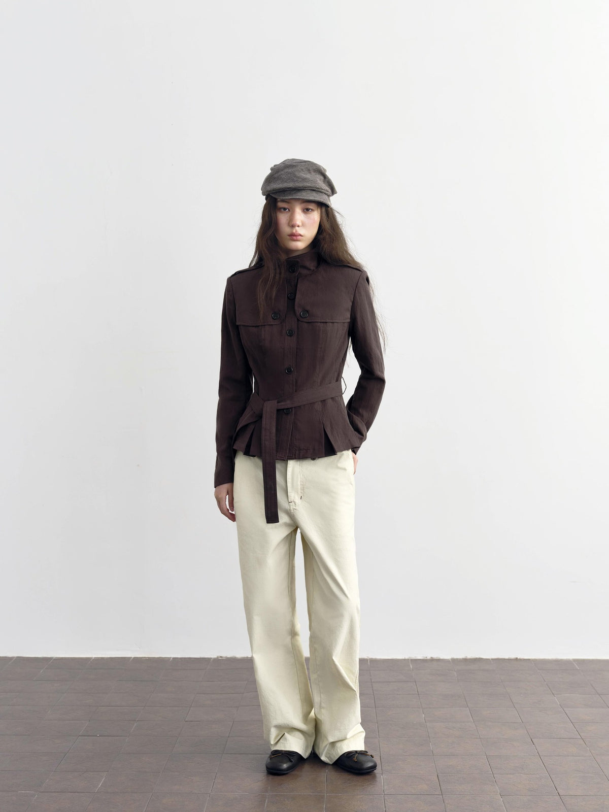 DKZ OFFICIAL Dark Brown Stand Collar Cropped Waist Cinched Women&