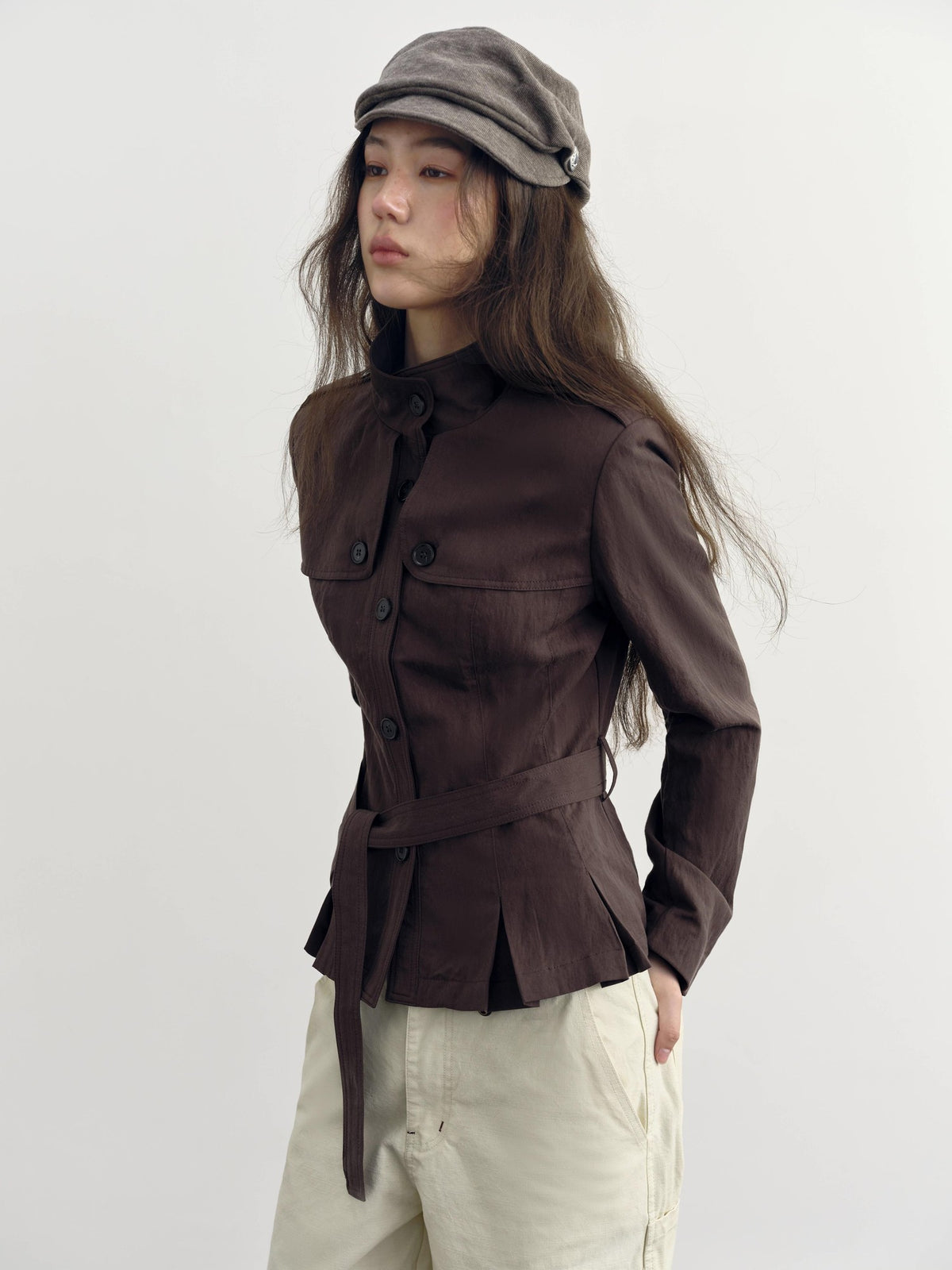 DKZ OFFICIAL Dark Brown Stand Collar Cropped Waist Cinched Women&
