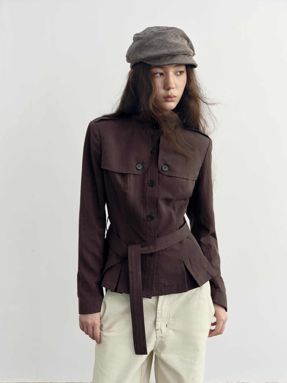 DKZ OFFICIAL Dark Brown Stand Collar Cropped Waist Cinched Women&