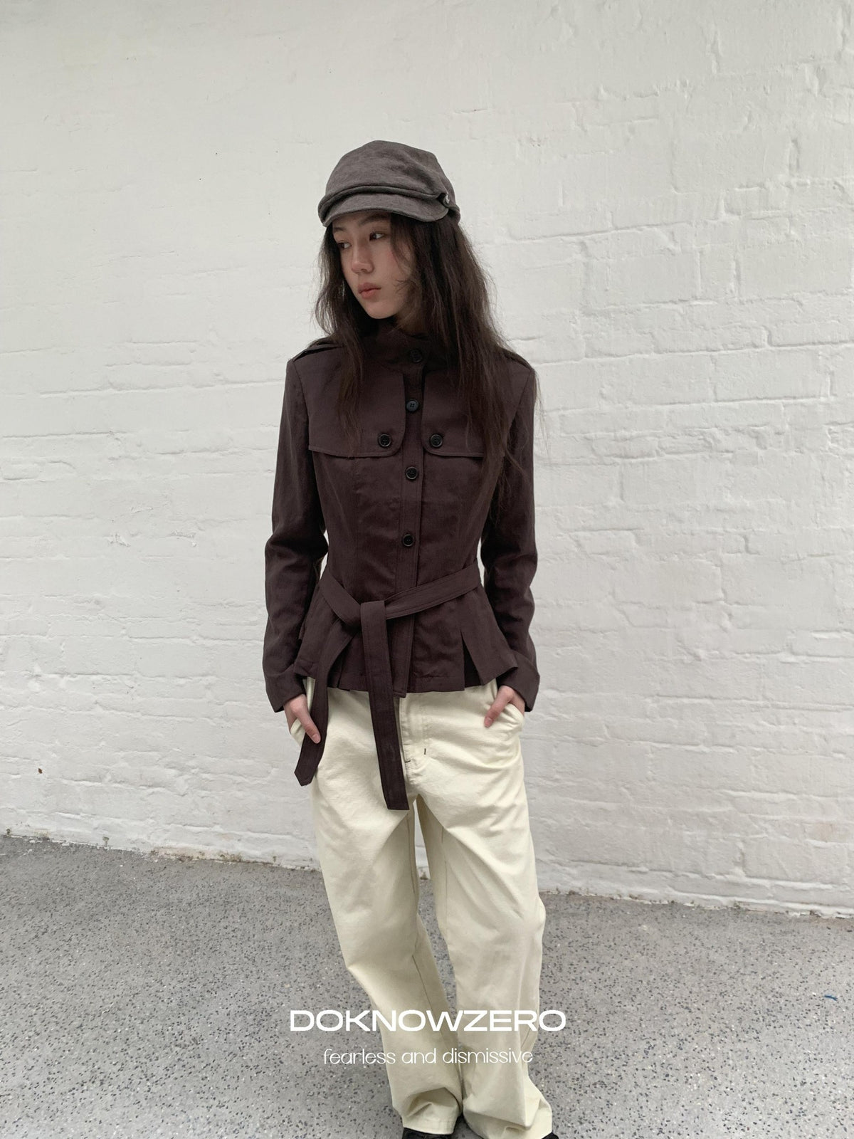 DKZ OFFICIAL Dark Brown Stand Collar Cropped Waist Cinched Women&