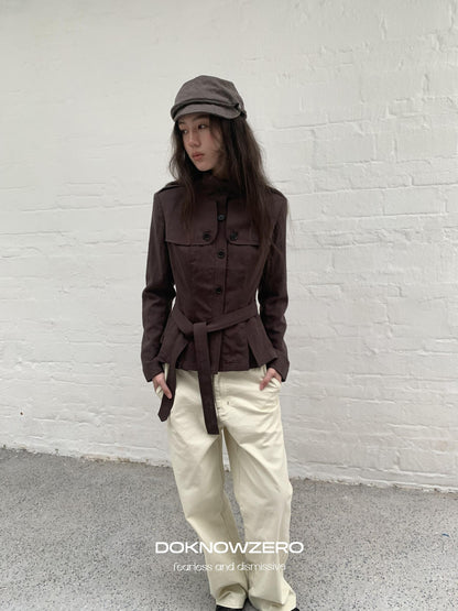 DKZ OFFICIAL Dark Brown Stand Collar Cropped Waist Cinched Women&