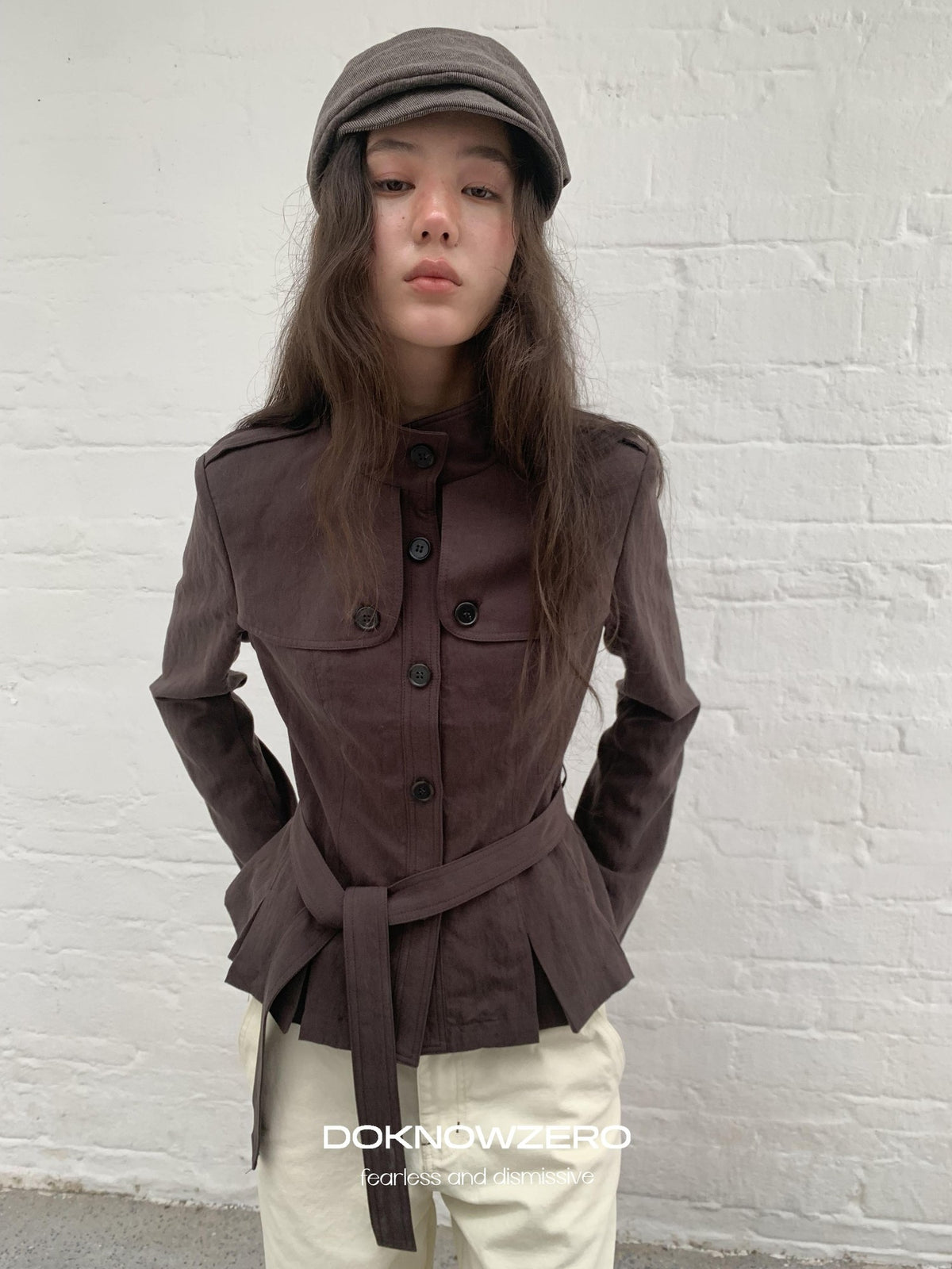 DKZ OFFICIAL Dark Brown Stand Collar Cropped Waist Cinched Women&