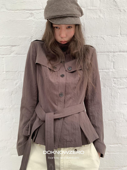 DKZ OFFICIAL Dark Brown Stand Collar Cropped Waist Cinched Women&