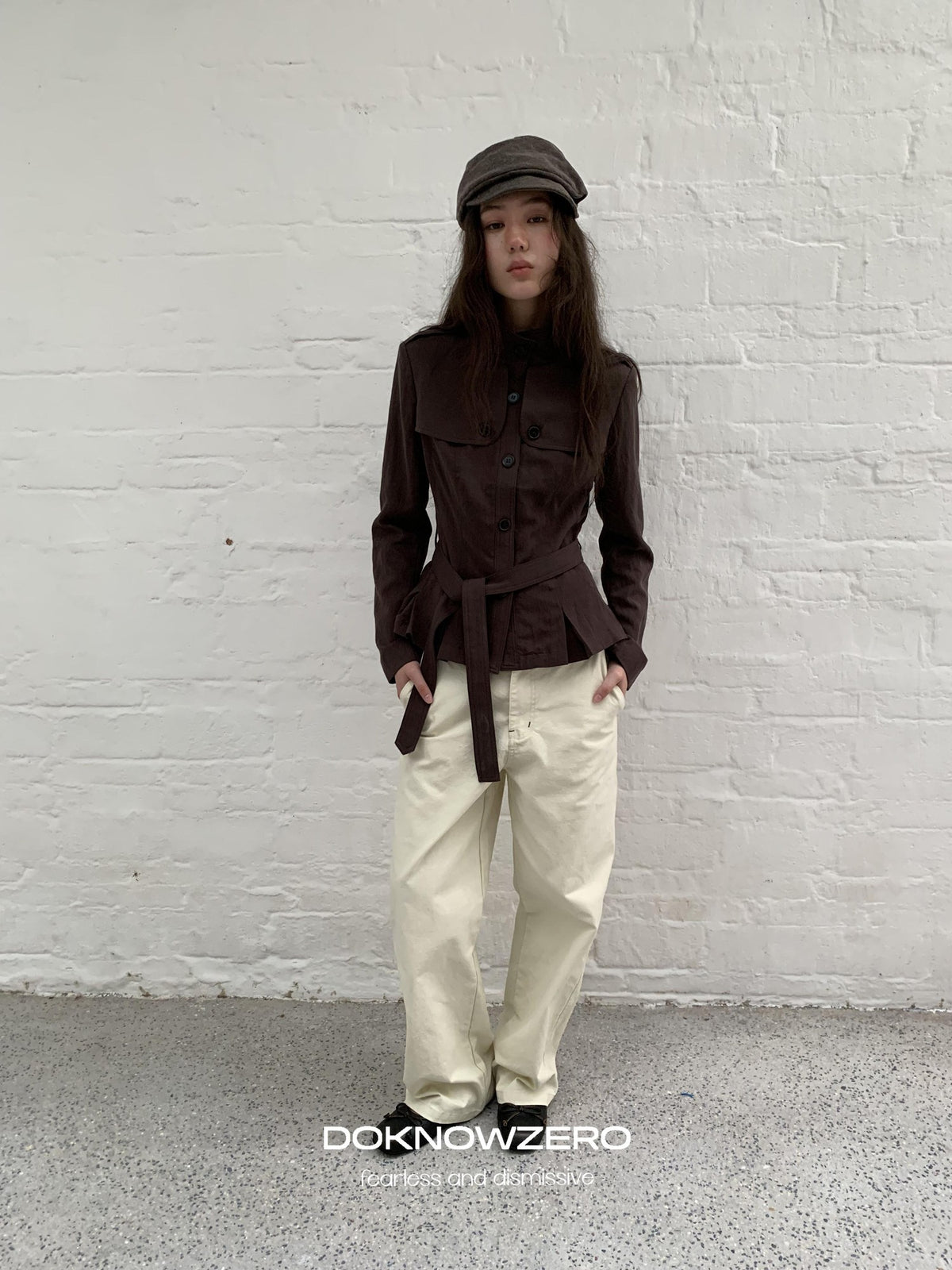 DKZ OFFICIAL Dark Brown Stand Collar Cropped Waist Cinched Women&
