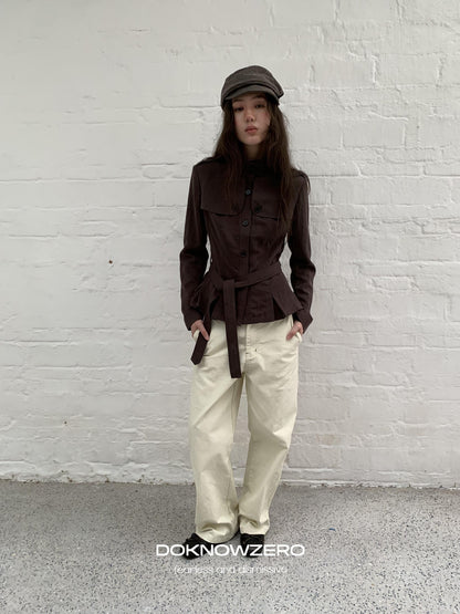 DKZ OFFICIAL Dark Brown Stand Collar Cropped Waist Cinched Women&
