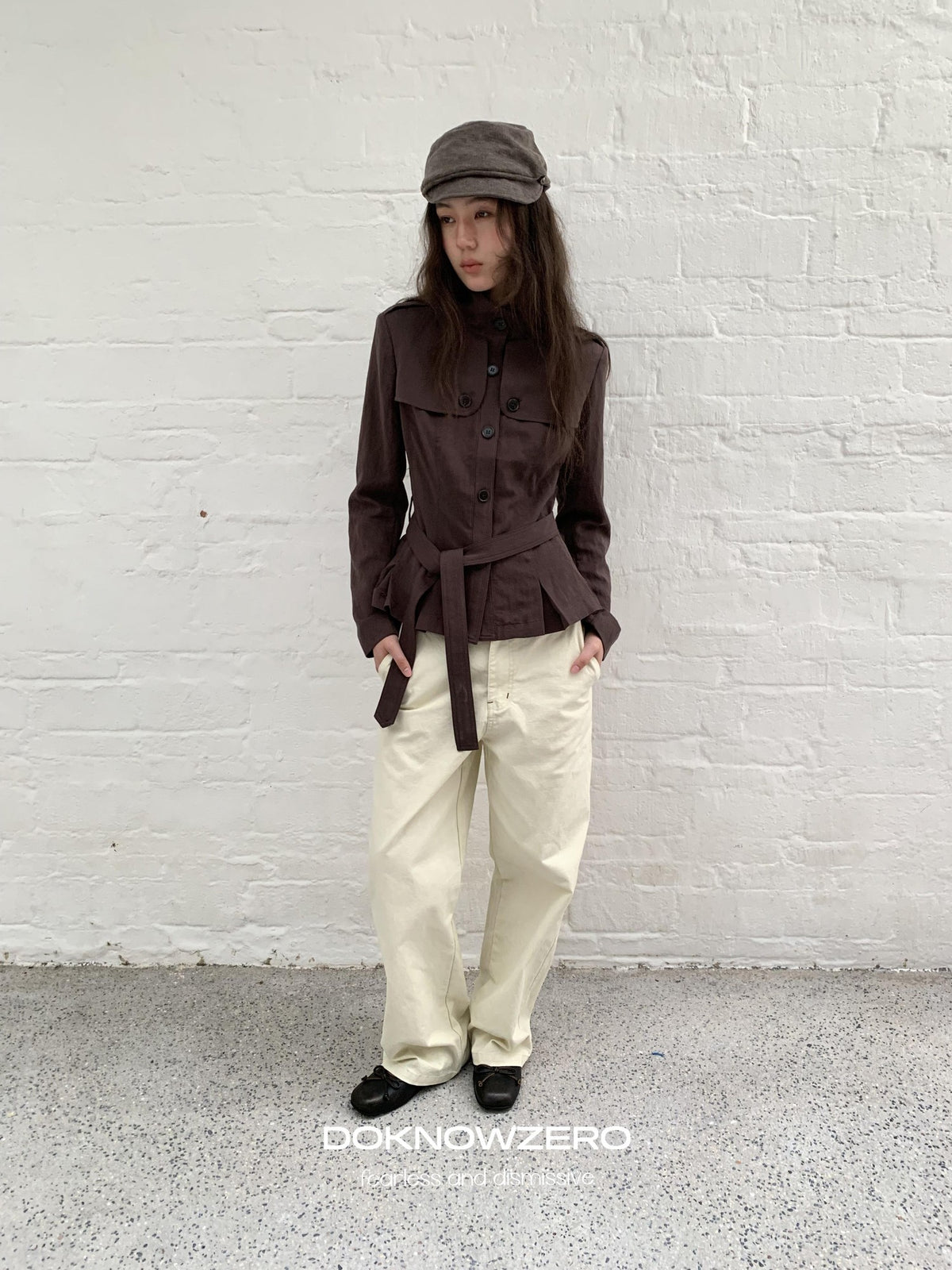 DKZ OFFICIAL Dark Brown Stand Collar Cropped Waist Cinched Women&