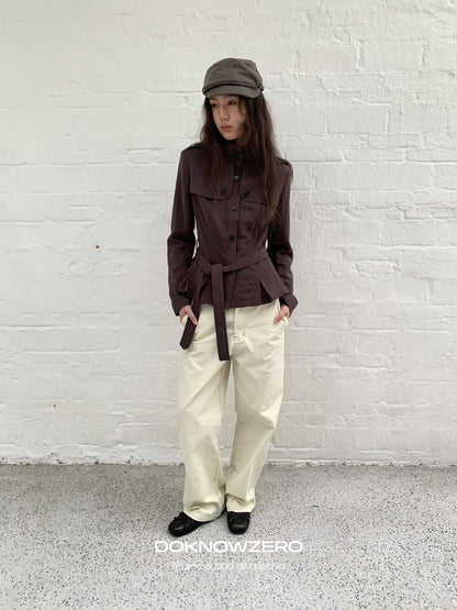 DKZ OFFICIAL Dark Brown Stand Collar Cropped Waist Cinched Women&