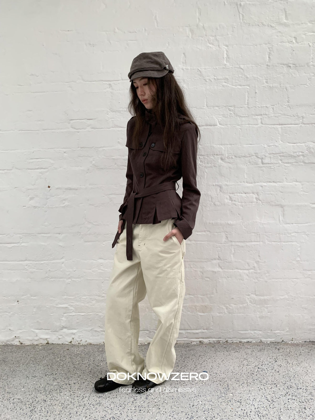 DKZ OFFICIAL Dark Brown Stand Collar Cropped Waist Cinched Women&