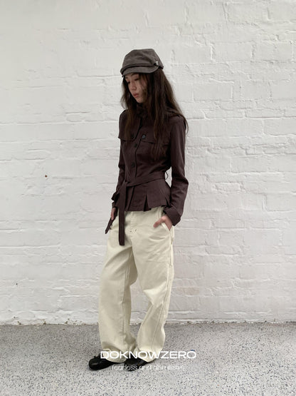 DKZ OFFICIAL Dark Brown Stand Collar Cropped Waist Cinched Women&