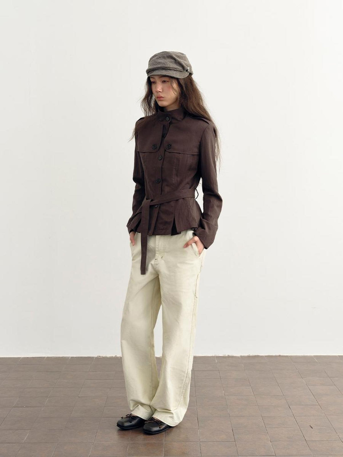 DKZ OFFICIAL Dark Brown Stand Collar Cropped Waist Cinched Women&