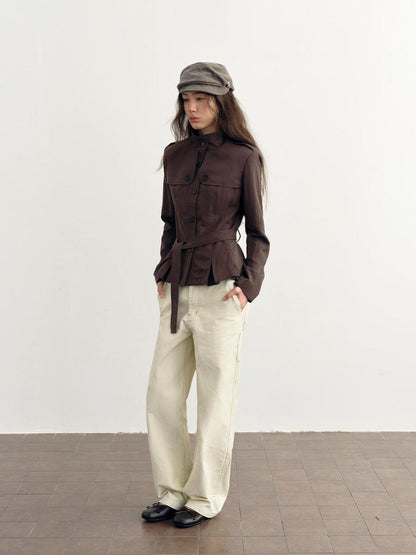 DKZ OFFICIAL Dark Brown Stand Collar Cropped Waist Cinched Women&