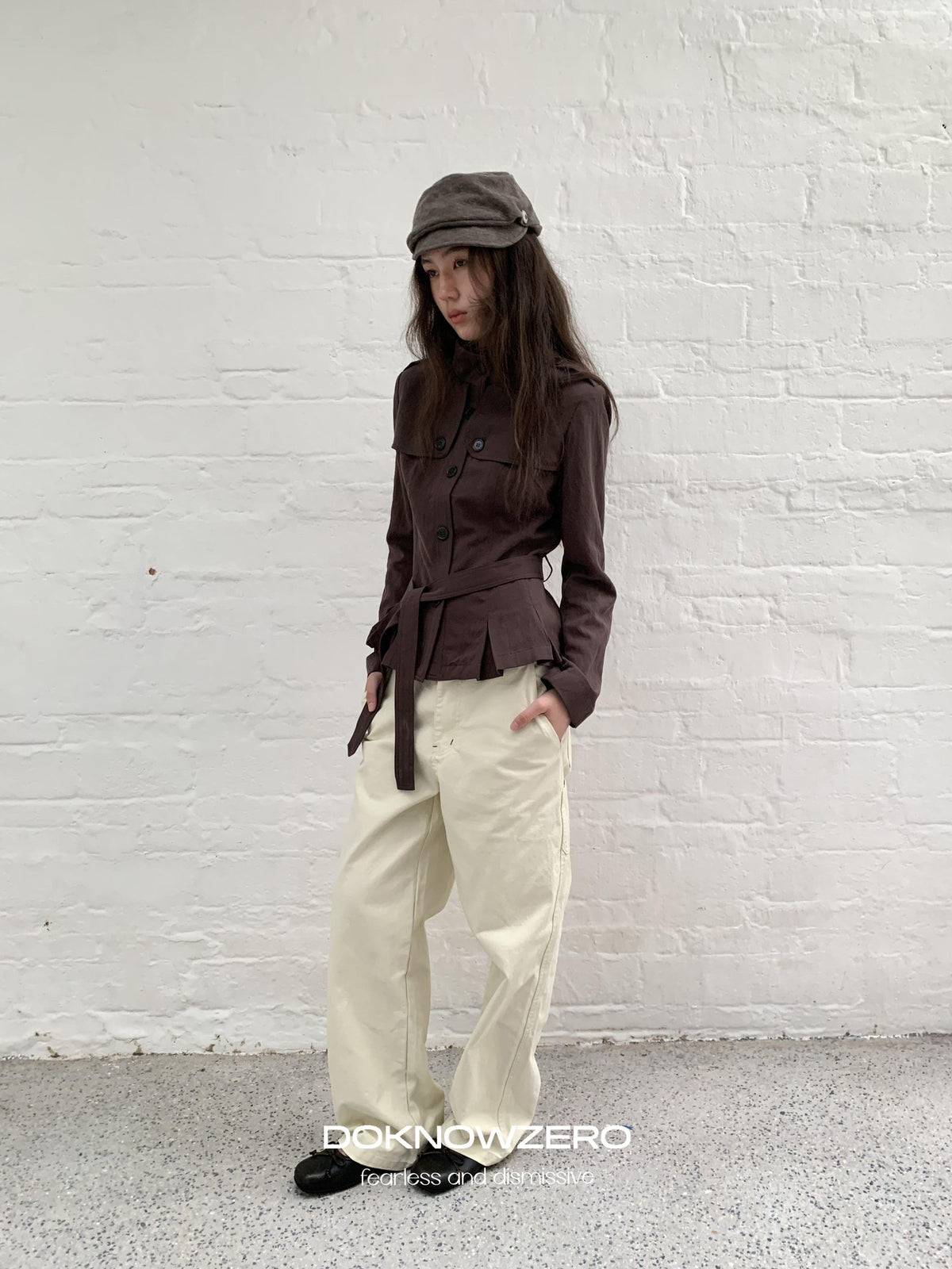 DKZ OFFICIAL Dark Brown Stand Collar Cropped Waist Cinched Women&