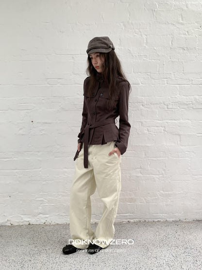 DKZ OFFICIAL Dark Brown Stand Collar Cropped Waist Cinched Women&