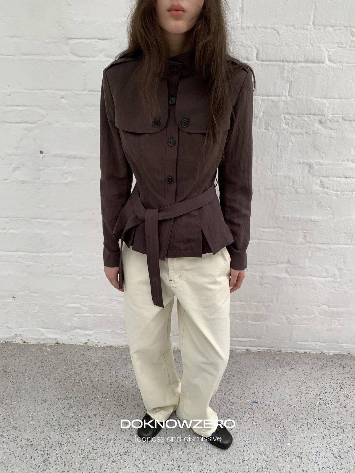 DKZ OFFICIAL Dark Brown Stand Collar Cropped Waist Cinched Women&