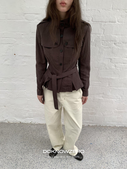 DKZ OFFICIAL Dark Brown Stand Collar Cropped Waist Cinched Women&