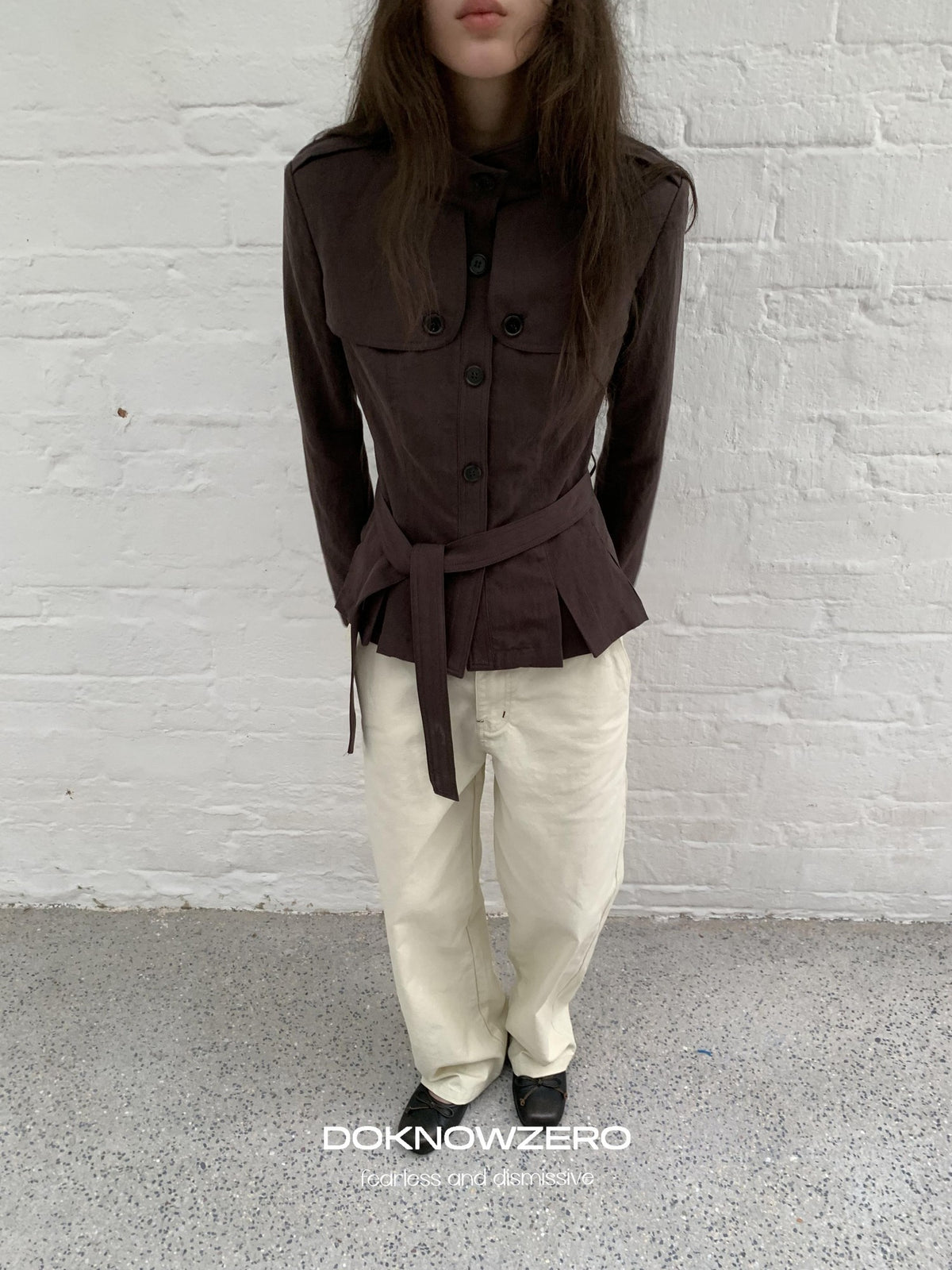 DKZ OFFICIAL Dark Brown Stand Collar Cropped Waist Cinched Women&