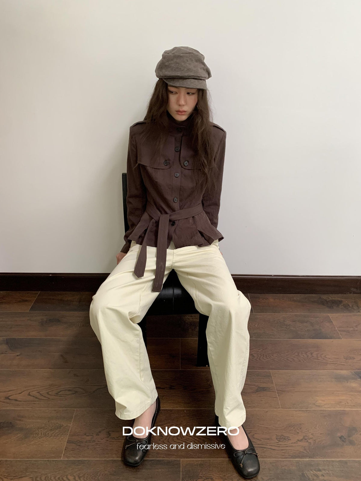 DKZ OFFICIAL Dark Brown Stand Collar Cropped Waist Cinched Women&