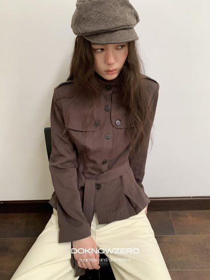 DKZ OFFICIAL Dark Brown Stand Collar Cropped Waist Cinched Women&