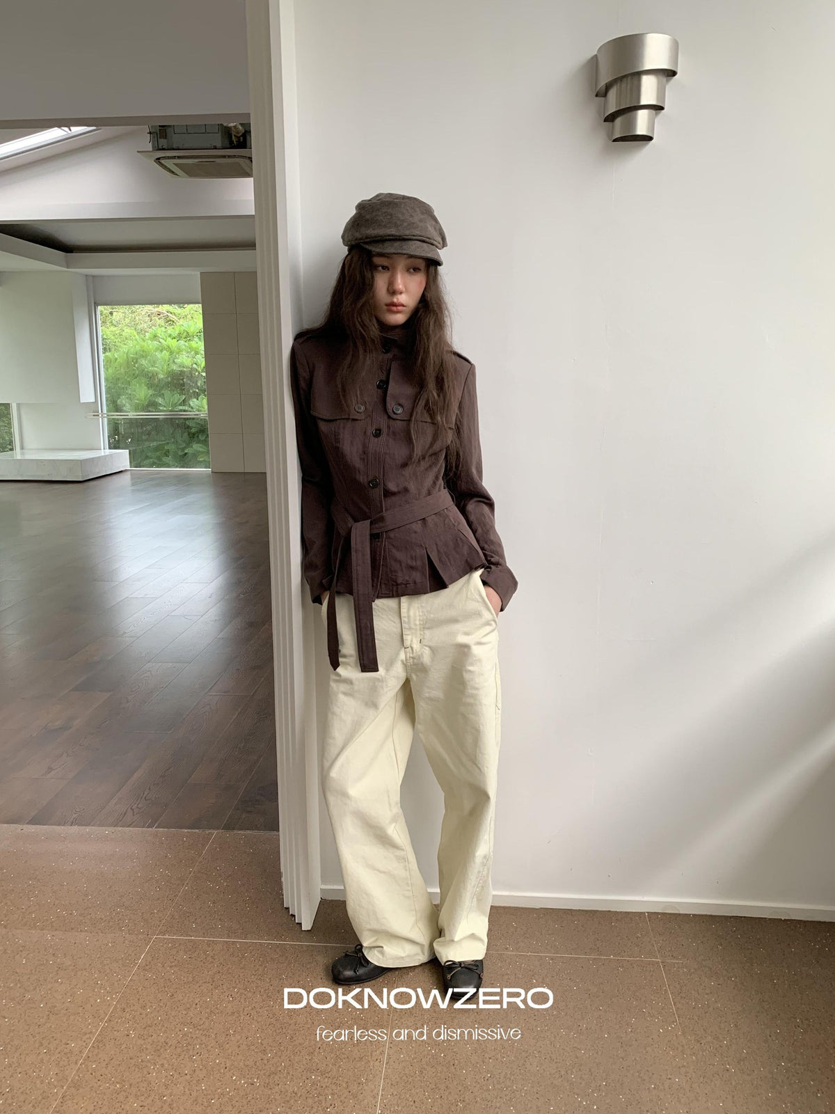 DKZ OFFICIAL Dark Brown Stand Collar Cropped Waist Cinched Women&