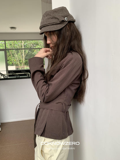 DKZ OFFICIAL Dark Brown Stand Collar Cropped Waist Cinched Women&