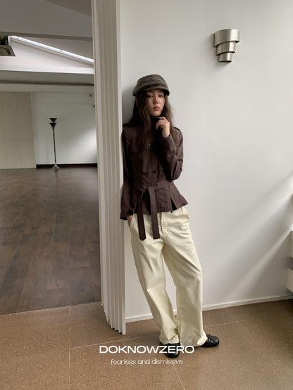DKZ OFFICIAL Dark Brown Stand Collar Cropped Waist Cinched Women&