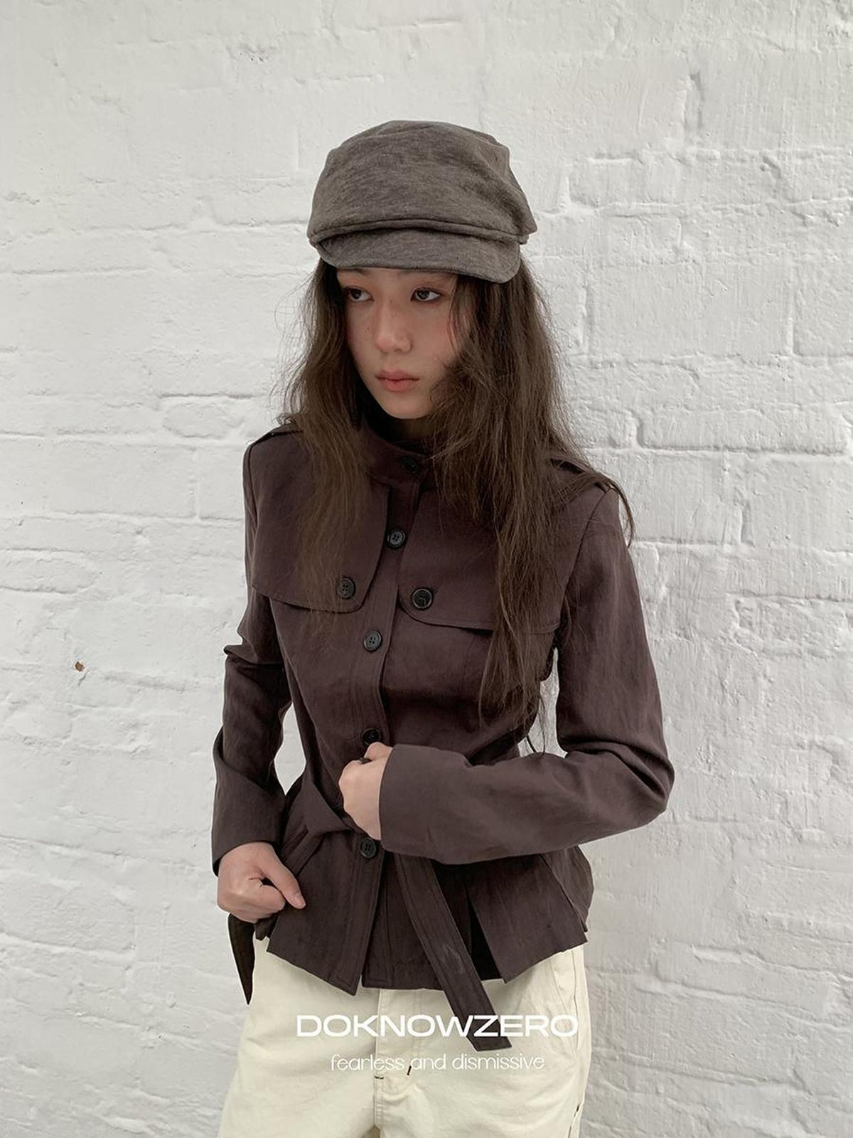 DKZ OFFICIAL Dark Brown Stand Collar Cropped Waist Cinched Women&