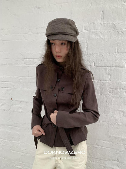 DKZ OFFICIAL Dark Brown Stand Collar Cropped Waist Cinched Women&