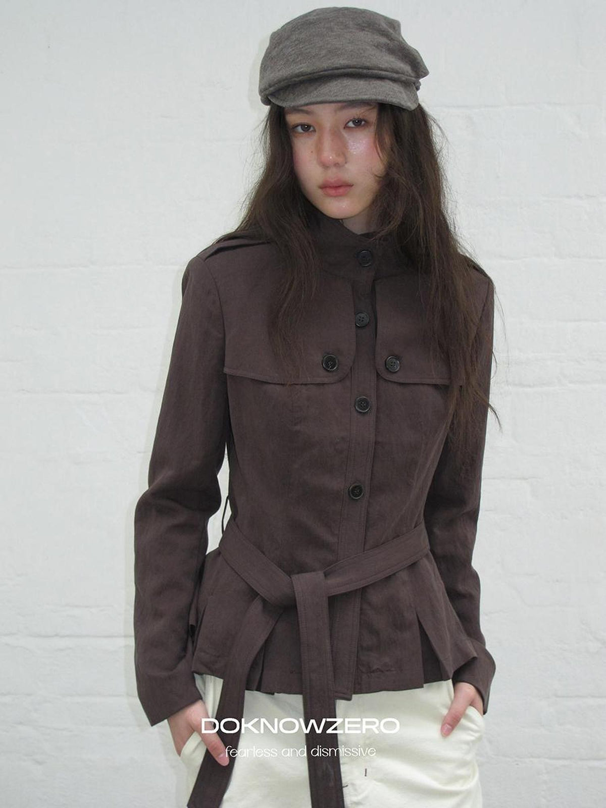 DKZ OFFICIAL Dark Brown Stand Collar Cropped Waist Cinched Women&