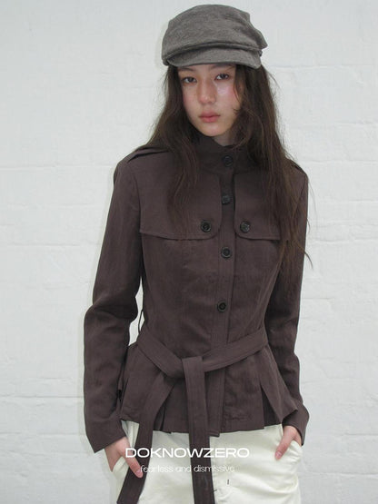 DKZ OFFICIAL Dark Brown Stand Collar Cropped Waist Cinched Women&