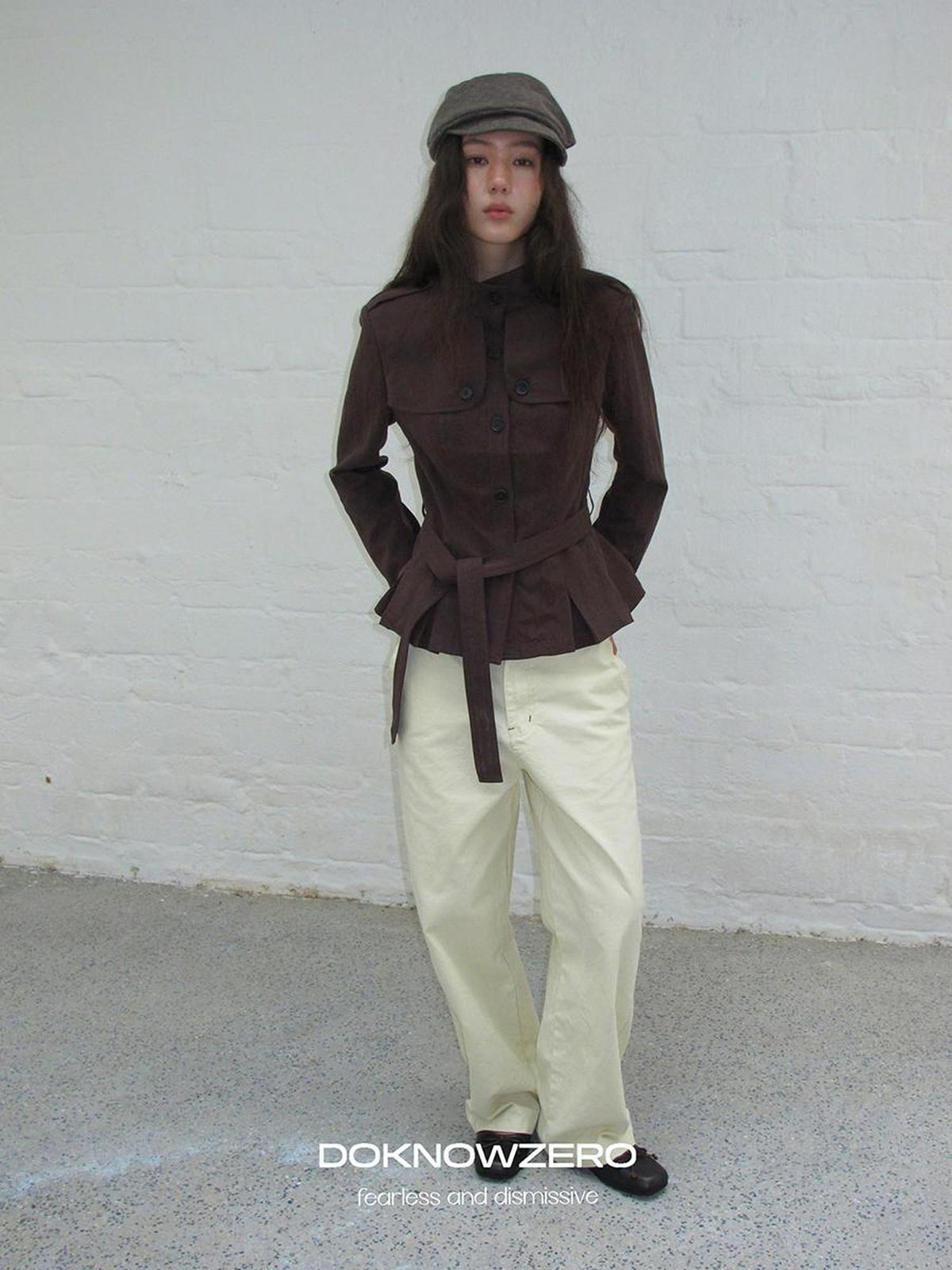 DKZ OFFICIAL Dark Brown Stand Collar Cropped Waist Cinched Women&