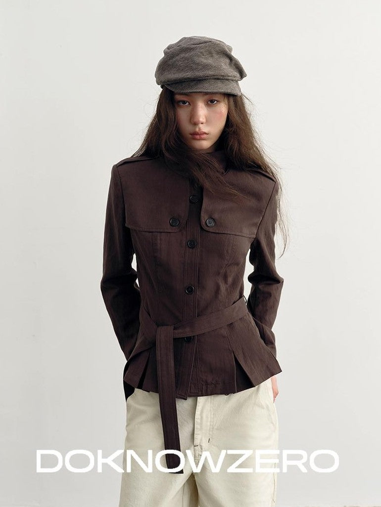 DKZ OFFICIAL Dark Brown Stand Collar Cropped Waist Cinched Women&