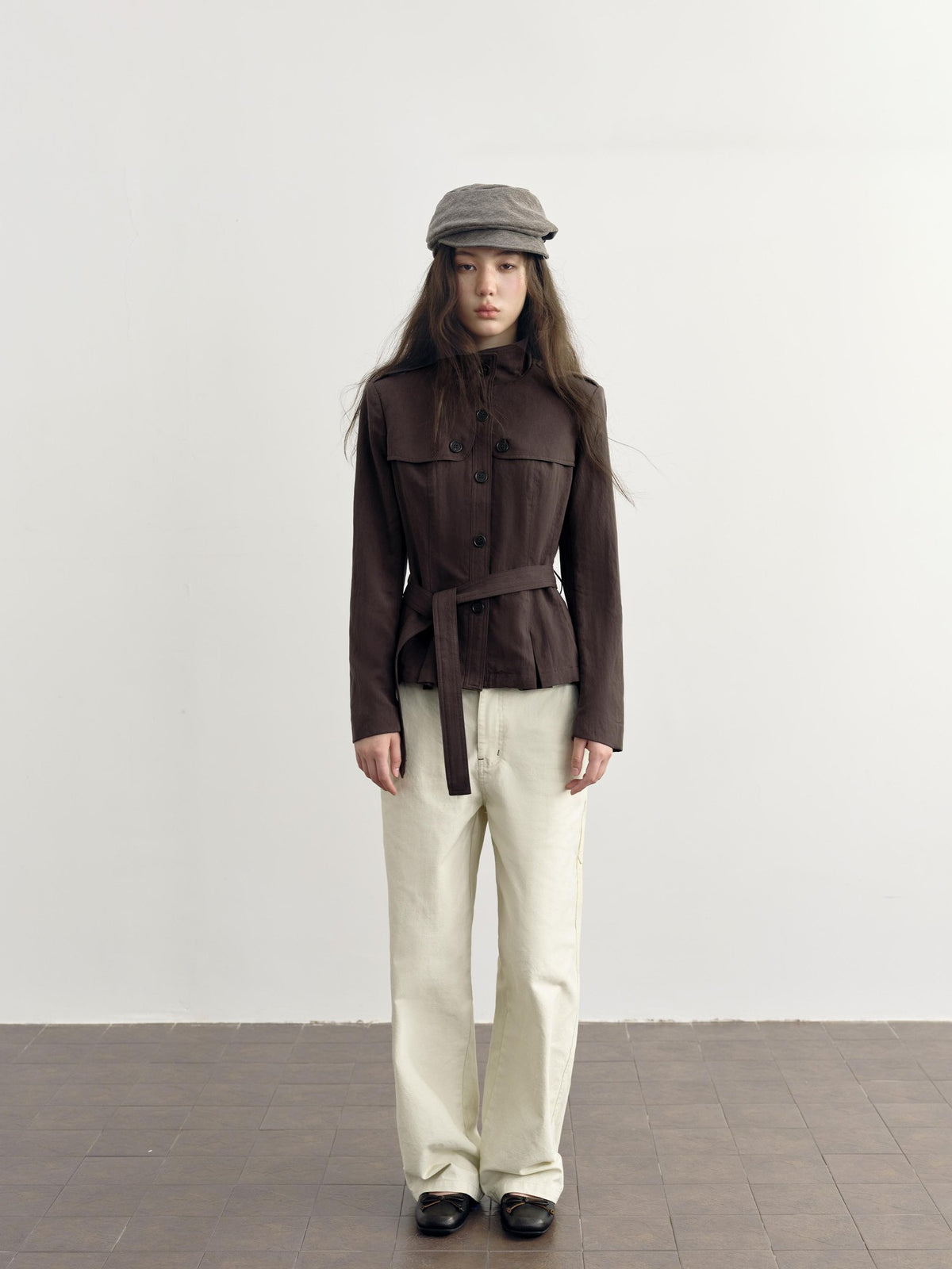 DKZ OFFICIAL Dark Brown Stand Collar Cropped Waist Cinched Women&