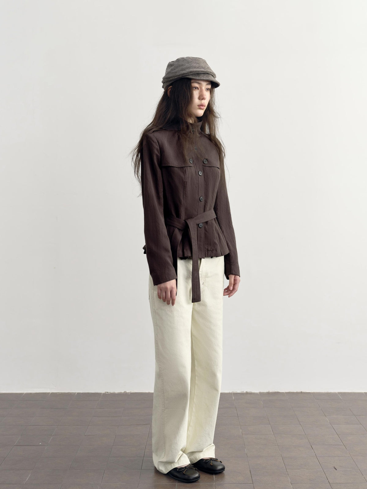 DKZ OFFICIAL Dark Brown Stand Collar Cropped Waist Cinched Women&
