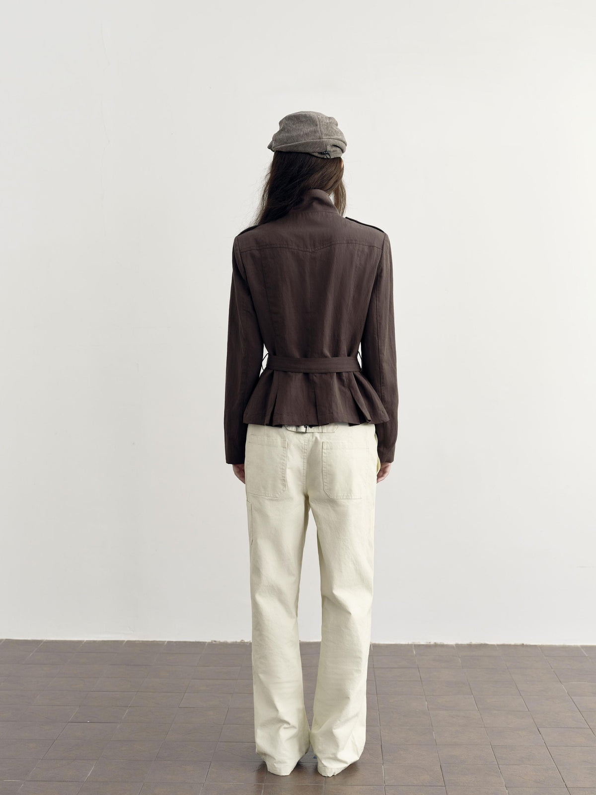 DKZ OFFICIAL Dark Brown Stand Collar Cropped Waist Cinched Women&