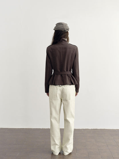 DKZ OFFICIAL Dark Brown Stand Collar Cropped Waist Cinched Women&