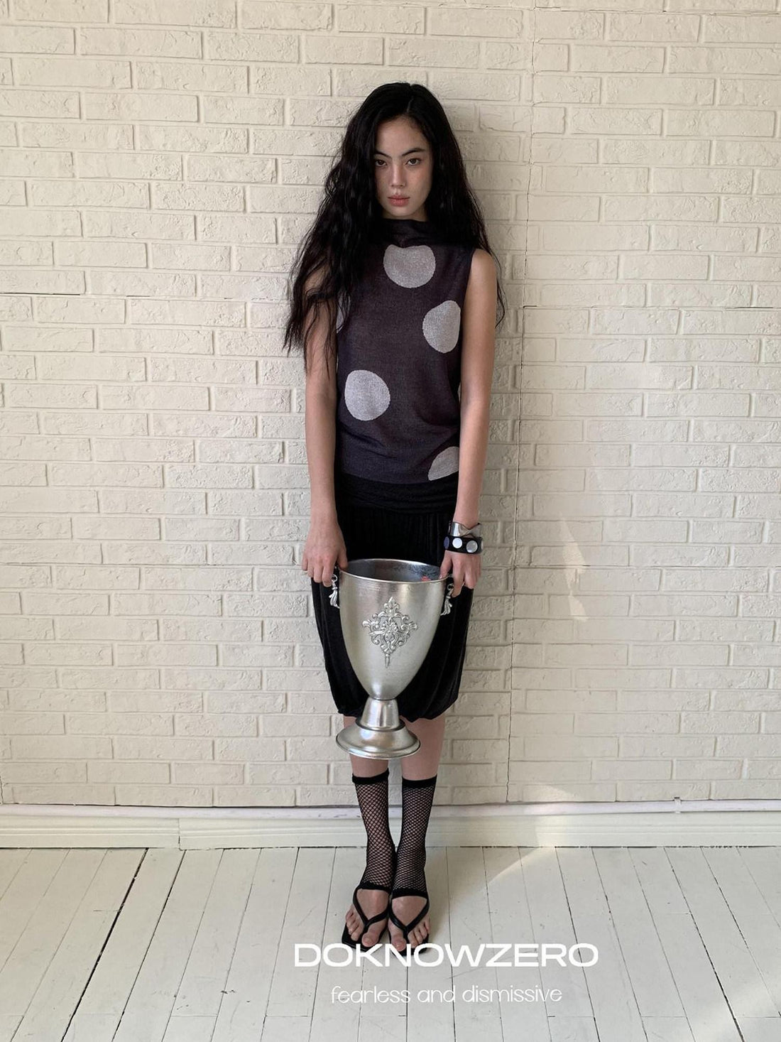 DKZ OFFICIAL Dark Gray Retro Polka Dot Slim Knit Racerback Women&