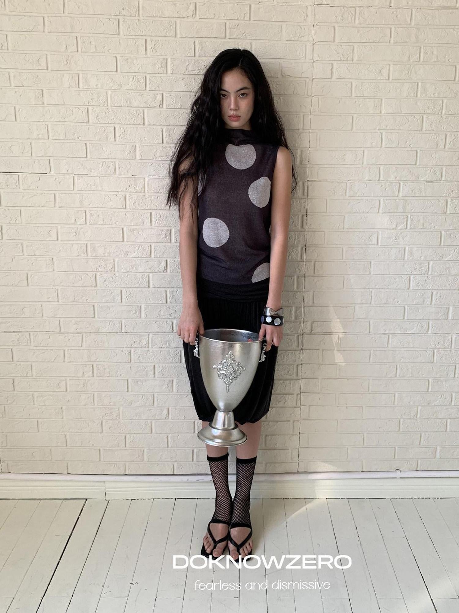 DKZ OFFICIAL Dark Gray Retro Polka Dot Slim Knit Racerback Women&