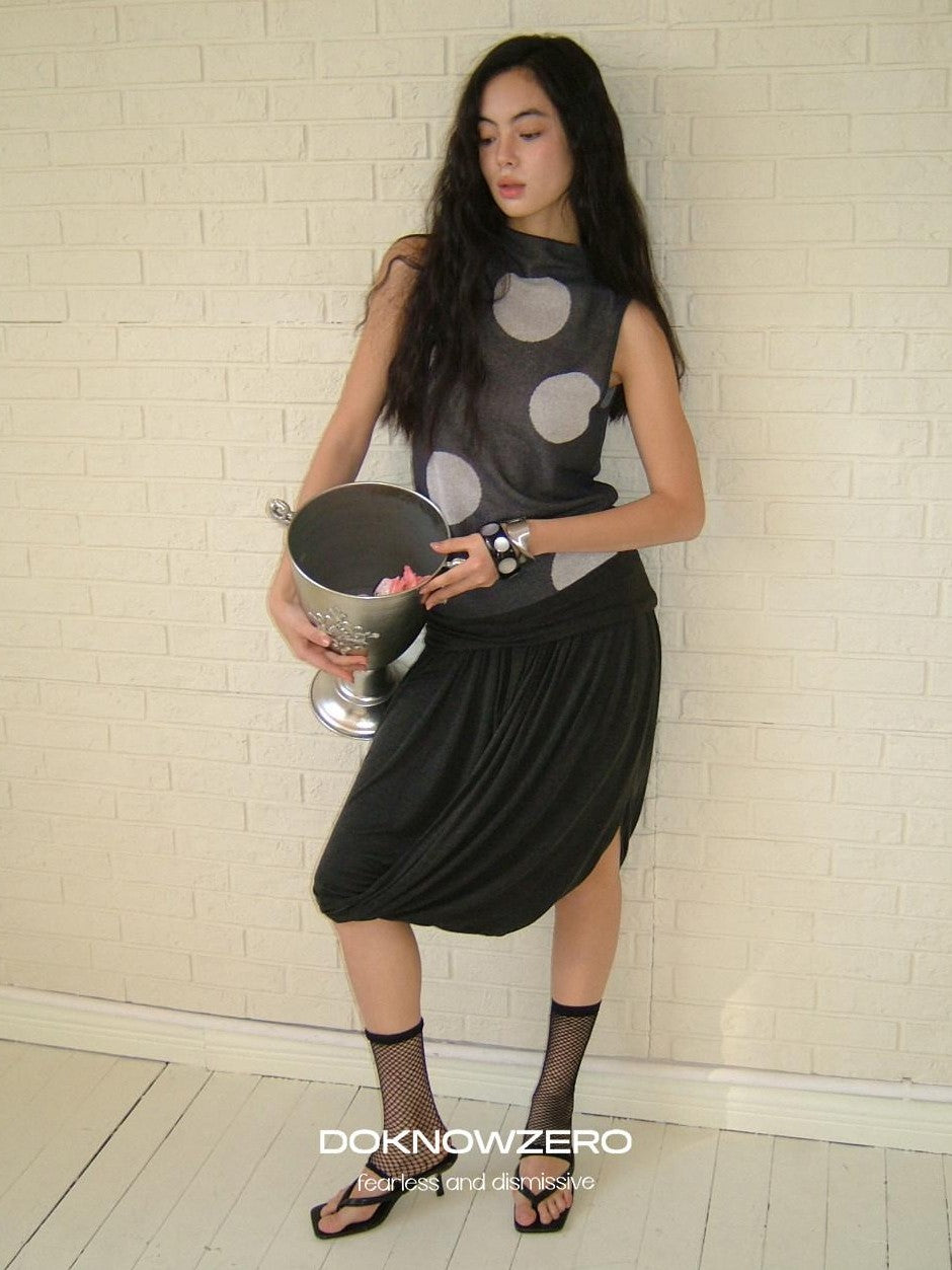 DKZ OFFICIAL Dark Gray Retro Polka Dot Slim Knit Racerback Women&