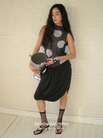 DKZ OFFICIAL Dark Gray Retro Polka Dot Slim Knit Racerback Women&