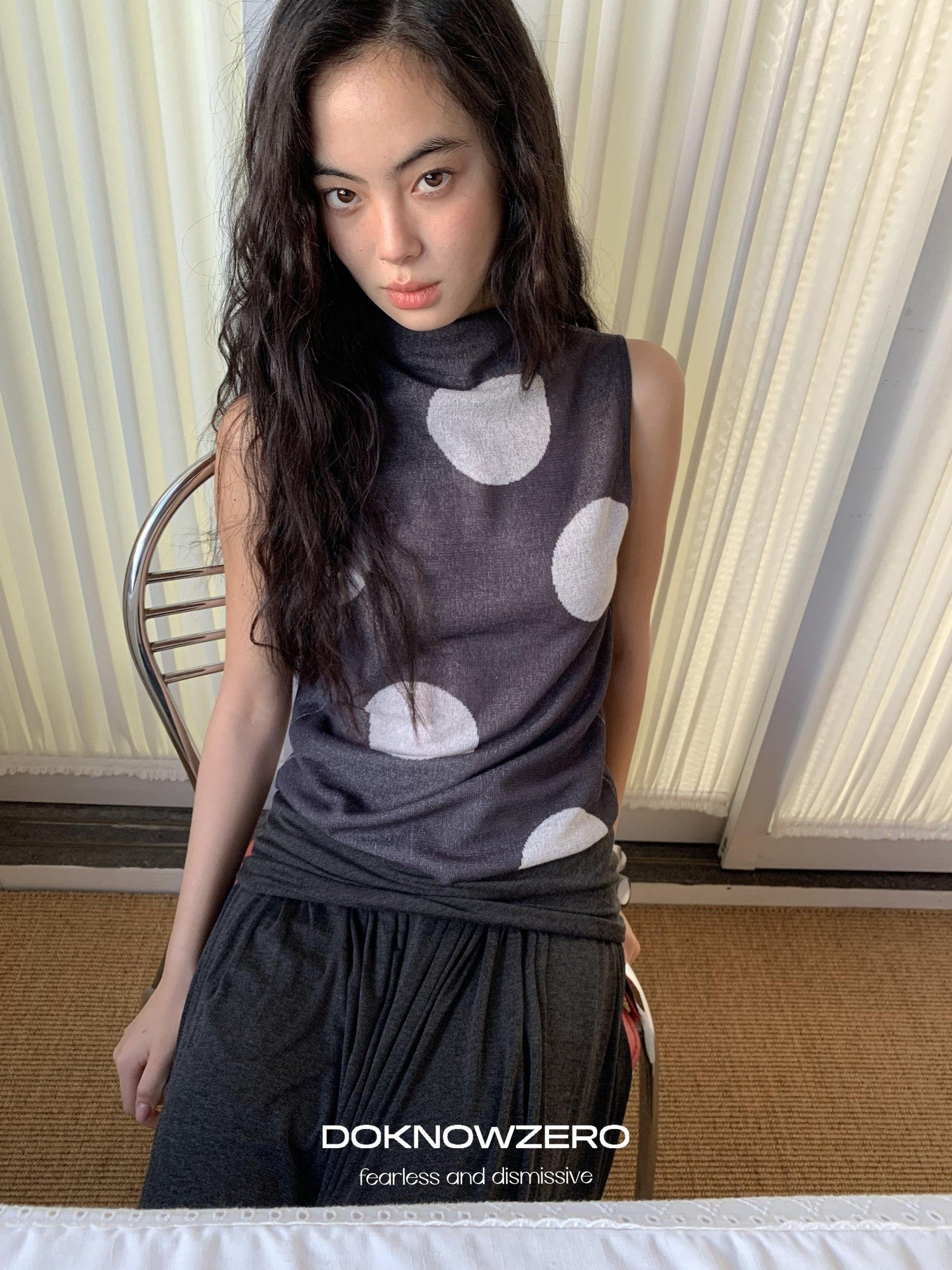DKZ OFFICIAL Dark Gray Retro Polka Dot Slim Knit Racerback Women&