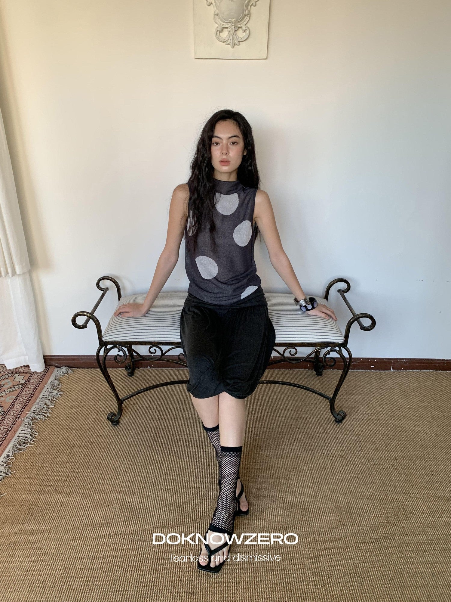 DKZ OFFICIAL Dark Gray Retro Polka Dot Slim Knit Racerback Women&