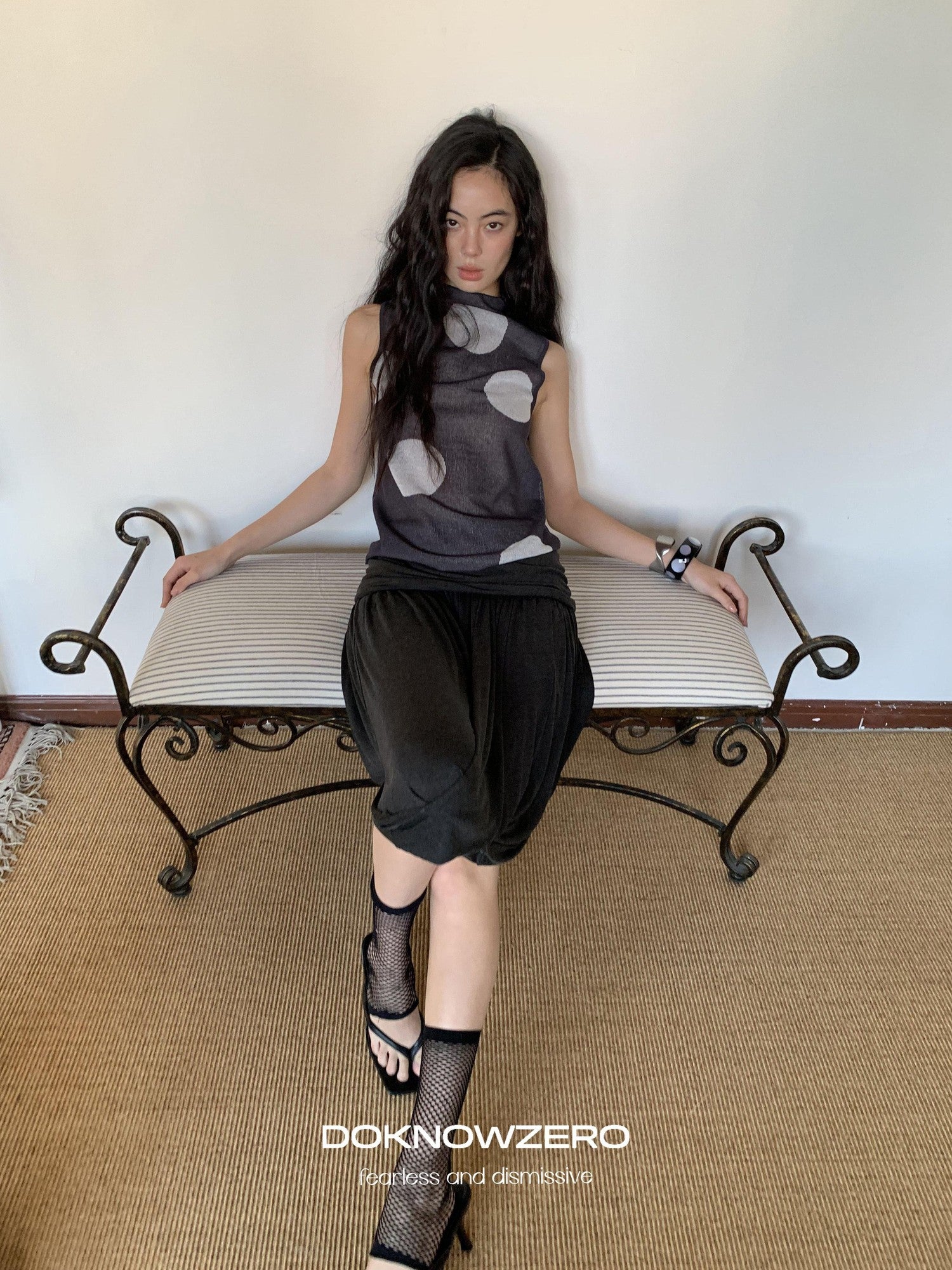 DKZ OFFICIAL Dark Gray Retro Polka Dot Slim Knit Racerback Women&