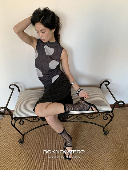 DKZ OFFICIAL Dark Gray Retro Polka Dot Slim Knit Racerback Women&