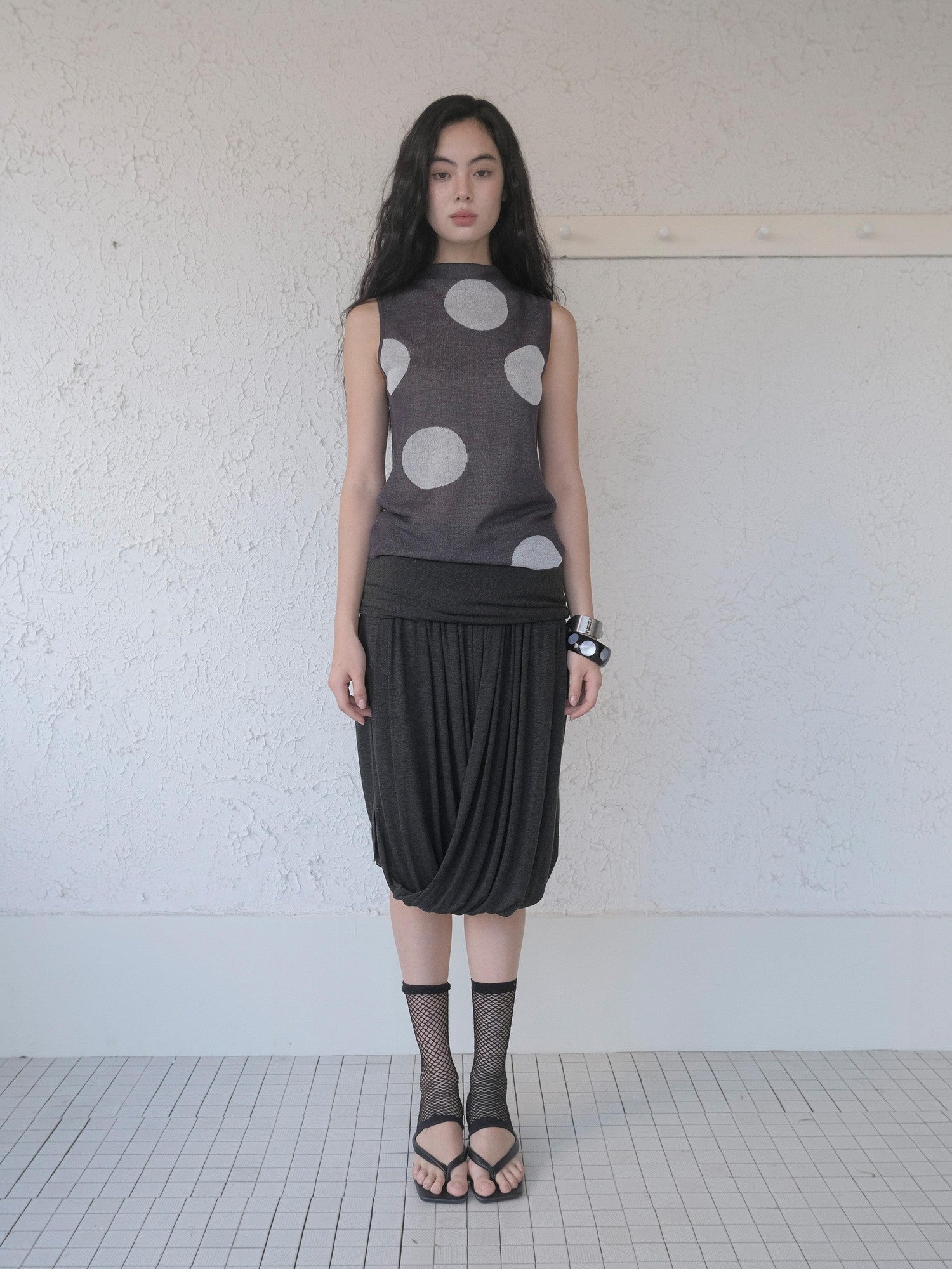 DKZ OFFICIAL Dark Gray Retro Polka Dot Slim Knit Racerback Women&
