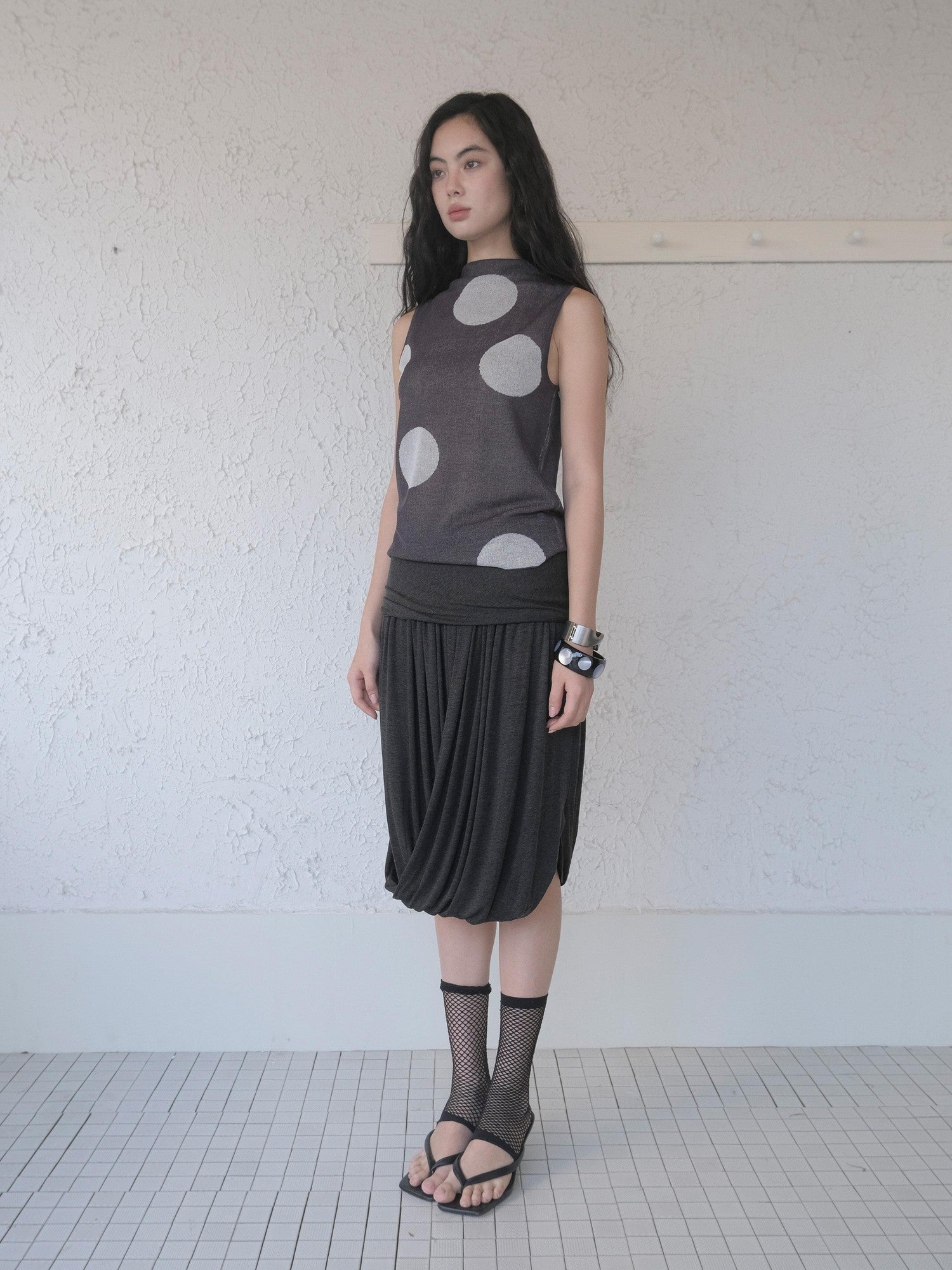 DKZ OFFICIAL Dark Gray Retro Polka Dot Slim Knit Racerback Women&